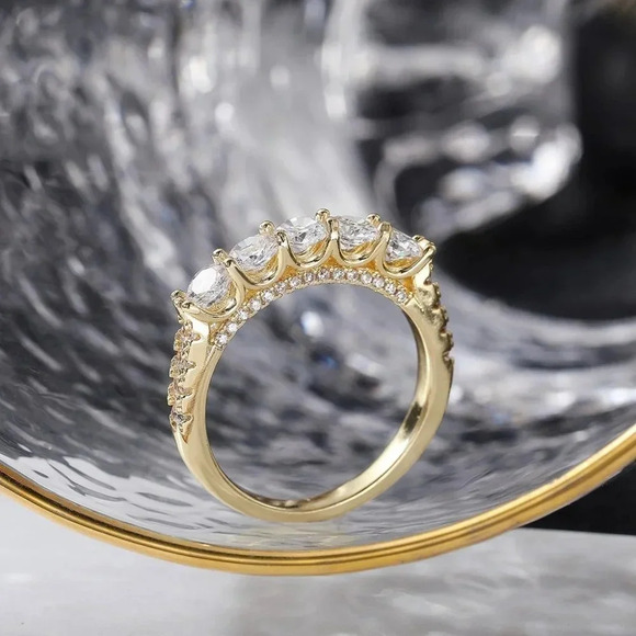 🌸14K GOLD PRONG ROUND CUT MOISSANITE 5 STONE ENGAGEMENT RING, K750 - Picture 6 of 7